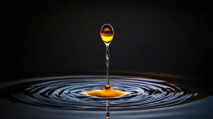 Golden Elixir: A captivating macro photograph of a golden droplet impacting a dark surface, creating mesmerizing ripples and a sense of liquid elegance.