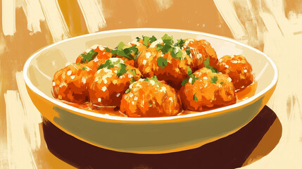 n illustration of a bowl with warm flour balls that resemble meatballs, topped with herbs and sprinkled with cheese. The balls have an appetizing golden-orange color, resembling a homemade dish