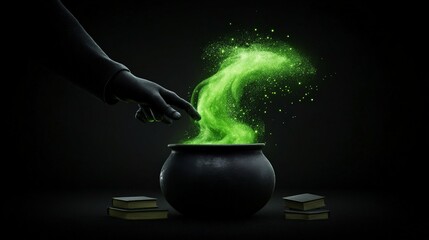 Brewing Magic: A gloved hand stirs a bubbling cauldron, releasing a mystical green mist that dances in the air. The scene evokes a sense of wonder and enchantment.