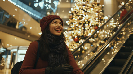 attractive smiling woman doing Christmas shopping in mall, happy holiday mood, discount sale