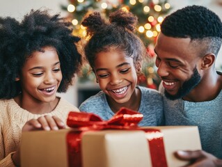 Happy family opening Christmas gift together by decorated tree