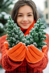 a woman in orange winter jacket and orange gloves is standing in the snow and holding two small Christmas trees. Season greetings concept