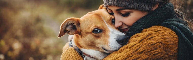 A person lovingly embraces their dog outdoors, surrounded by heart-shaped toys, celebrating the special bond between humans and pets. With copy space for text. Wide web banner.