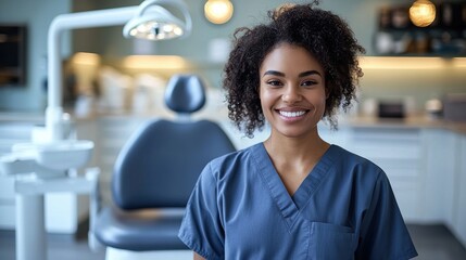 Smiling female dental professional in a modern clinic setting preparing for patient care