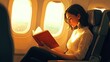 © songpol152 - A businesswoman on a plane is sitting by the window reading a book on the plane.
