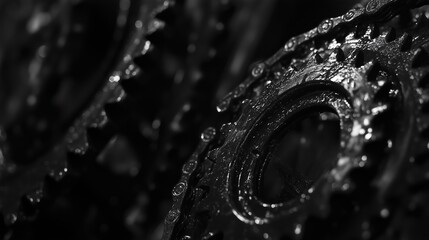 Poster - Close-up view of interlocking metal gears in a dark environment showcasing intricate details and industrial design elements