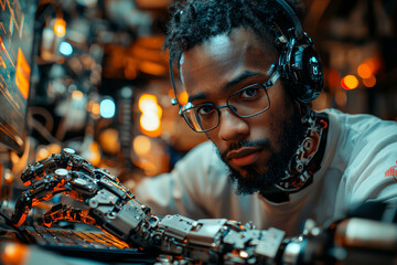 Fototapete - A young man with a prosthetic hand working on a computer, highlighting adaptability in technology. Concept of adaptability.