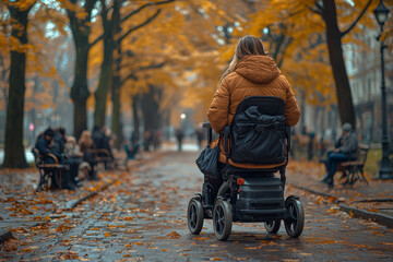 Poster - a woman with a mobility aid participating in a community event, showing active social engagement. co