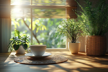 Poster - a quiet, minimalistic workspace with no technology, promoting focus and calm. concept of slow living