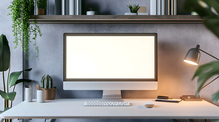 Sticker - Modern desk with desktop computer and lamp in cozy home office. 3D Rendering