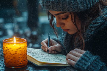 Wall Mural - a person writing in a journal by candlelight, reflecting on their day without rushing. concept of sl