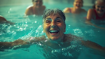 Aqua aerobics class for vibrant happy seniors.