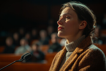 Poster - a person with a speech impairment confidently giving a public presentation, focusing on empowerment.