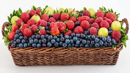 Wall Mural -   A wicker basket brimming with fresh berries , set against a crisp white backdrop