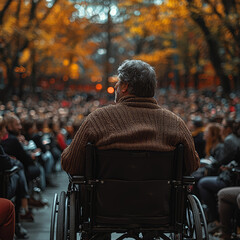 Poster - a person with a disability speaking at a public event, highlighting leadership and advocacy. concept