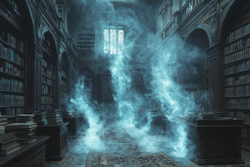 Poster - a haunted library with dusty old books and ghostly apparitions floating through the air. concept of 