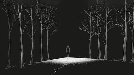   A black-and-white illustration depicts a person standing amidst a forest at twilight, illuminated by a street lamp