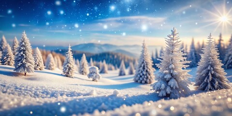 Wall Mural - Winter Wonderland Tilt-Shift Photography of Snow Covered Landscape Under Blue Sky with Snowflakes