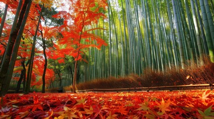 Sticker - Vibrant Red Maple Leaves Amongst Tall Bamboo Trees in a Lush Forest