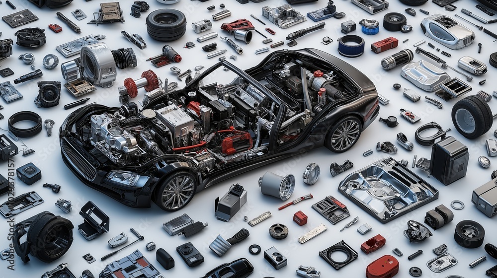 A highly detailed technical view of a dismantled car, showcasing its ...
