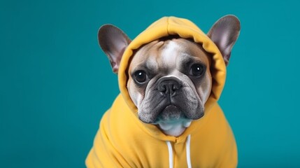 mongrel puppy of white color dressed in yellow raincoat and rubber boots is grinning sitting on a light studio background