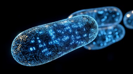 Fototapete - A futuristic digital virus shaped like a glowing bacterium with binary code, representing the risks of malware, cyber threats, and data breaches in a high-tech world, Gnerative Ai