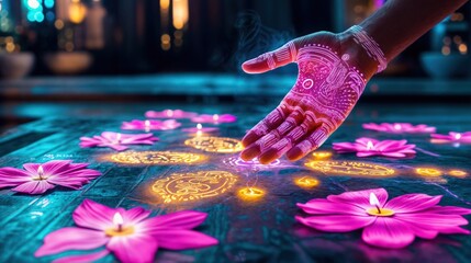 Hand adorned with glowing designs creating rangoli with flowers and light during Diwali