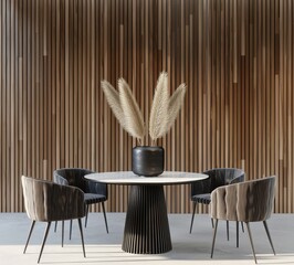 Stylish dining room interior with round table, comfortable chairs and decor near wooden wall. Modern and elegant design