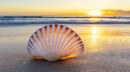 Wall Mural -   Close-up photo of a seashell on a sandy shore with a sunset in the background and an incoming wave