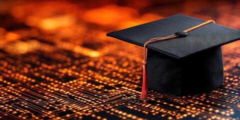 Wall Mural - graduation cap on digital data background
