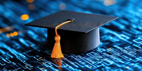 Wall Mural - graduation cap on digital data background