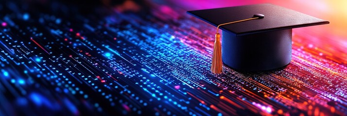 Wall Mural - graduation cap on digital data background