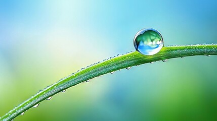 Wall Mural -  Water droplet on green grass blades against blue sky