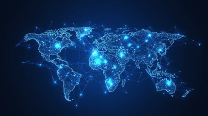 a glowing blue digital world map with connected lines and points
