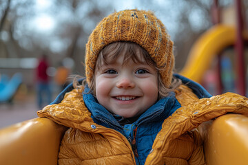 Wall Mural - A child with Down syndrome enjoying playtime in the park, surrounded by supportive friends. Concept of childhood.