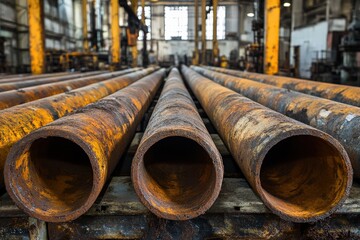 Drill Pipe: Oil and Gas Industry Technology. Rusty Steel Tubing Stack for Downhole Drilling Rig