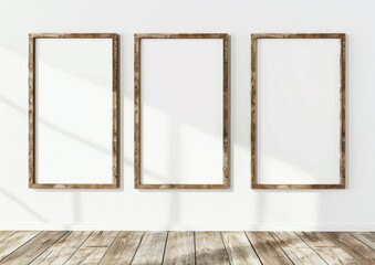 Three blank wooden picture frames on a white wall with wooden floor, interior mockup,