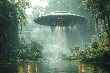 Wall Mural - an alien spaceship landing in a lush jungle, symbolizing the diversity of planets in alien civilizat