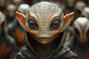 Poster - An alien leader addressing a crowd, symbolizing a structured political system in an alien society. Concept of leadership.