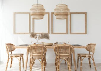 Minimalist dining room with wicker chairs, wooden table, and rattan light fixtures. The room is decorated in a boho style with empty frames