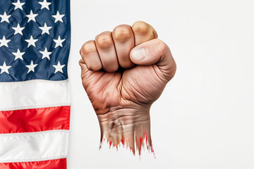 Fist symbolizing social activism and power in front of American flag with strong message of unity and resistance