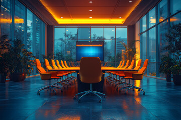 Wall Mural - A stock image of an empty boardroom with a projector and chairs, symbolizing business meetings. Concept of business.