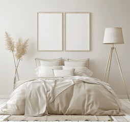 Cozy minimalist bedroom interior with two blank mock up posters in wooden frames on the wall above the bed with linen bedding.