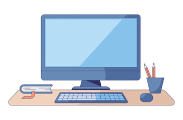 Fototapete - Computer monitor with blank screen, flower pot, and pencil box. Flat vector illustration ideal for desktop, PC, and laptop-themed designs. Perfect for office or workspace visuals.