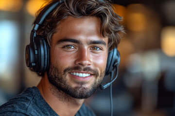 Poster - A smiling customer service representative wearing a headset, symbolizing communication and support. Concept of business.