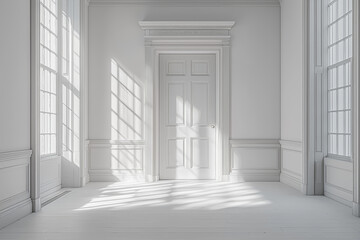 Wall Mural - A single open door in an empty hallway, representing opportunity and choice. Concept of minimalism.