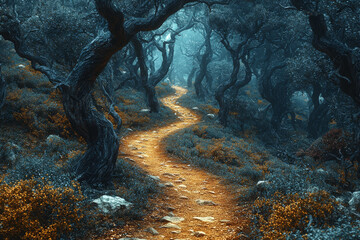 Wall Mural - A single path winding through an empty forest, representing life's journey and choices. Concept of minimalism.