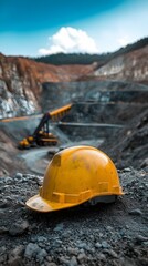 Wall Mural - Yellow Hard Hat in Mining Quarry, Safety Equipment, Construction Site.