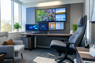 Modern ergonomic home office with smart adjustable desk and built-in productivity screen. Customizable digital art display, ambient lighting, and high-tech furniture for a personalized workspace