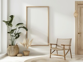 Minimalist and bright living room interior design with empty vertical wooden frame mockup. Armchair, tropical plant, natural rug. White wall mockup